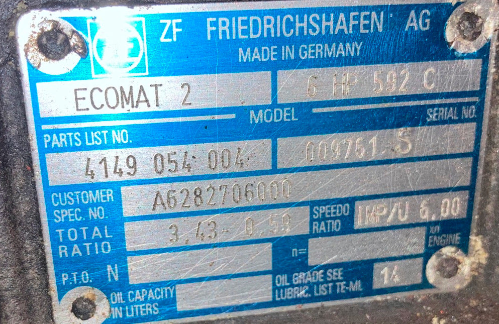 Typenschild Automatikgetriebe ZF 6 HP 592 C